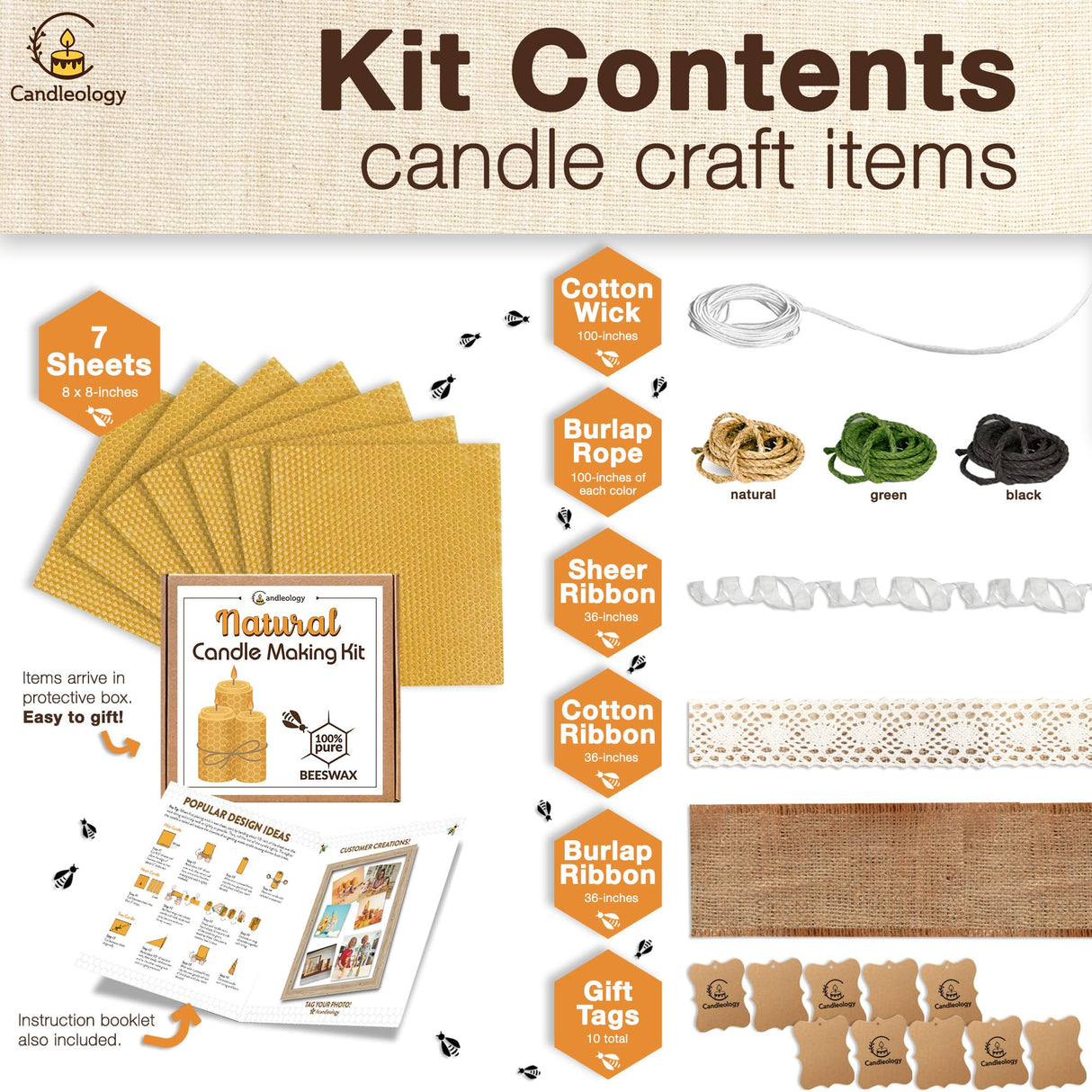 Beeswax DIY Candle Making Kit - Natural Candle Rolling Kit for Beginners with 7 Beeswax Sheets & Multiple Decorations to Make Candles Candleology