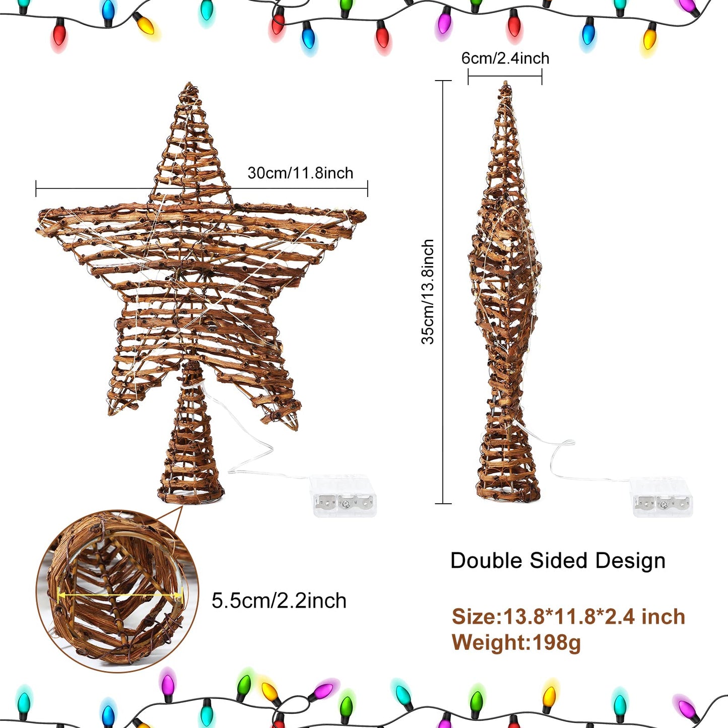 Christmas Rattan Star Treetop,14 Inch Rattan Natural Burlap Star Tree Topper with 20 Warm Lights Rustic Boho Treetop Decoration Xmas Star Treetop for Christmas Tree Ornament Holiday Party Indoor Home