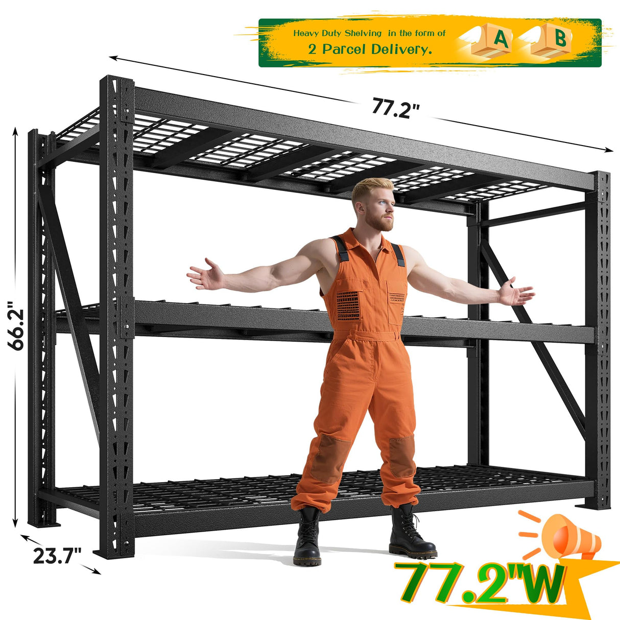 Bepatio 77" W Garage Shelving Storage Shelves, 3 Tier Metal Shelving Unit Heavy Duty for Storage, Adjustable Black Shelves for Commercial, Industrials, Garage, Basement, 77.2" W*23.7" D*66.2”H Bepatio