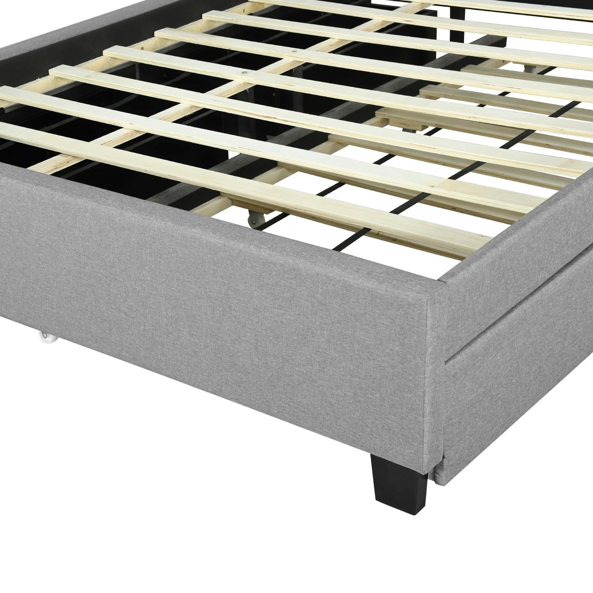 Merax Queen Bed Frame with Storage Headboard, Upholstered Linen Platform Beds with Trundle & 2 Drawers, Built-in Charging Station, Grey Merax