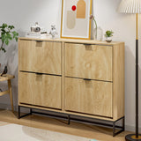 Jluomei Shoe Cabinet Storage for Entryway Slim Modern Shoe Rack Cabinet with 4 Flip Drawers Tipping Wooden Narrow Shoe Cabinet Freestanding Fluted Shoe Organizer for Living Room, Wood Jluomei