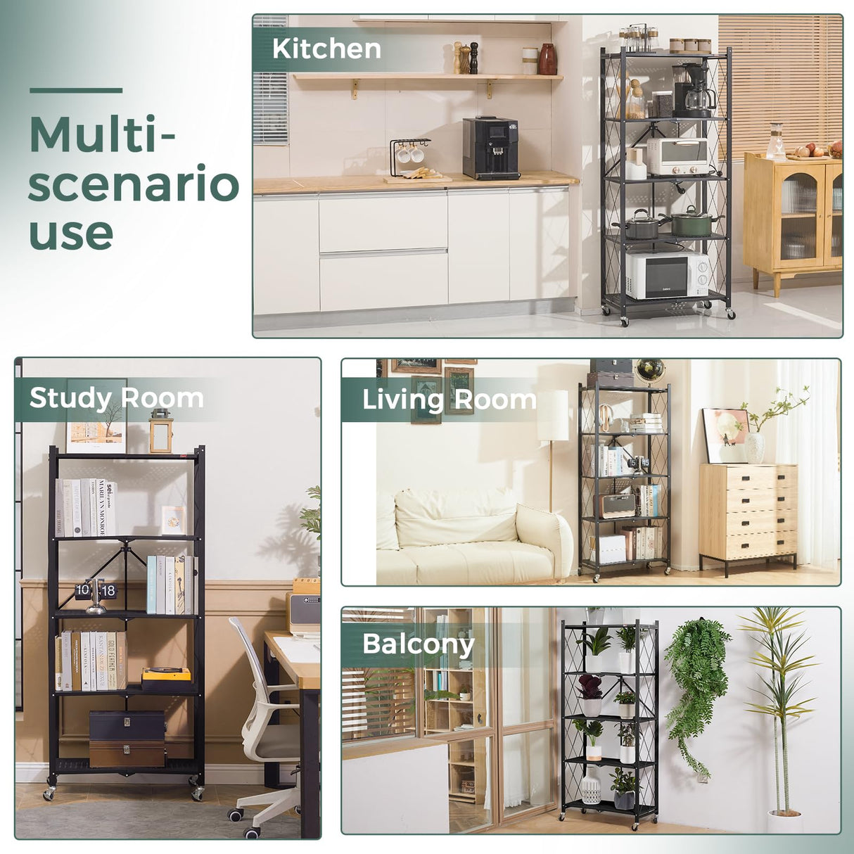 DEANIC 5 Tier Foldable Storage Shelves with Wheels, Large Capacity Shelving Unit, Freestanding Metal Wire Shelf Rack, No Assembly Organizer Rack for Garage Kitchen, Basement, Pantry(Black) DEANIC