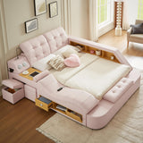 Modehodei Luxury King Size Bed Frame, Modern Multifunctional Bed with Massage Recliner | Bluetooth Speaker | USB Charging Station | Adjustable Headboard, PU Leather Fabric, Bedroom Furniture, Pink Modehodei