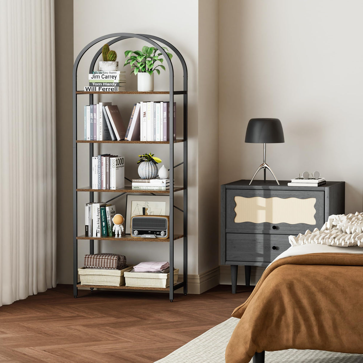 Homhedy 5-Tier Bookshelf Arched Display Racks, Wood and Metal Bookcase, Tall Bookshelf, Industrial Display Standing Shelf Unit, for Home Office, Living Room, Bedroom, Bathroom, Rustic Brown Homhedy