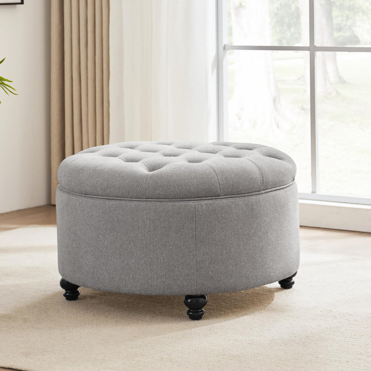 HUIMO 30-Inch Round Storage Ottoman, Modern Button Tufted Coffee Table with Removeable Top, Upholstered Ottoman with Storage Footrest Stool for Living Room, Bedroom and Office(Grey) HUIMO