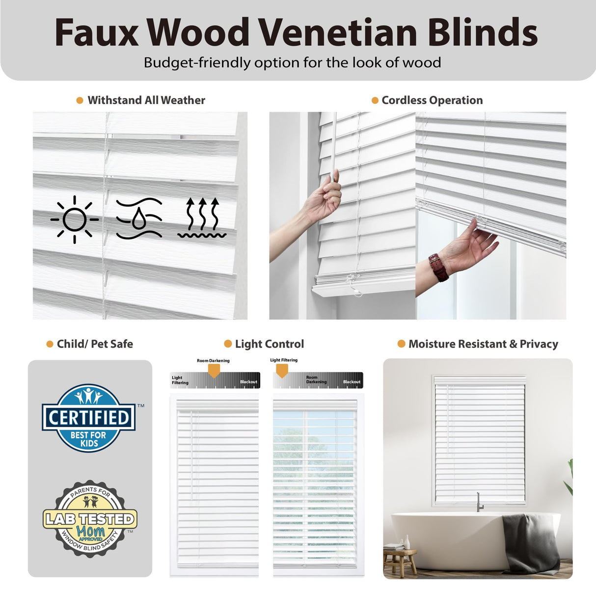 DEZ FURNISHINGS Cordless 2" Signature Faux Wood Blind, 31" W x 64" H, Snow White DEZ FURNISHINGS