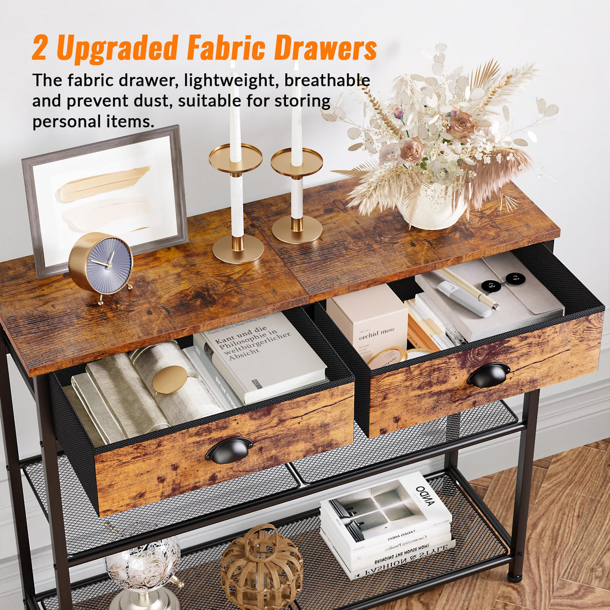 Furologee Console Sofa Table with Storage Shelf, Small 30'' Entryway Table with 2 Fabric Drawers, Industrial Table for Entry Way, Display Shelf for Hallway, Entrance, Foyer, Rustic Brown Furologee