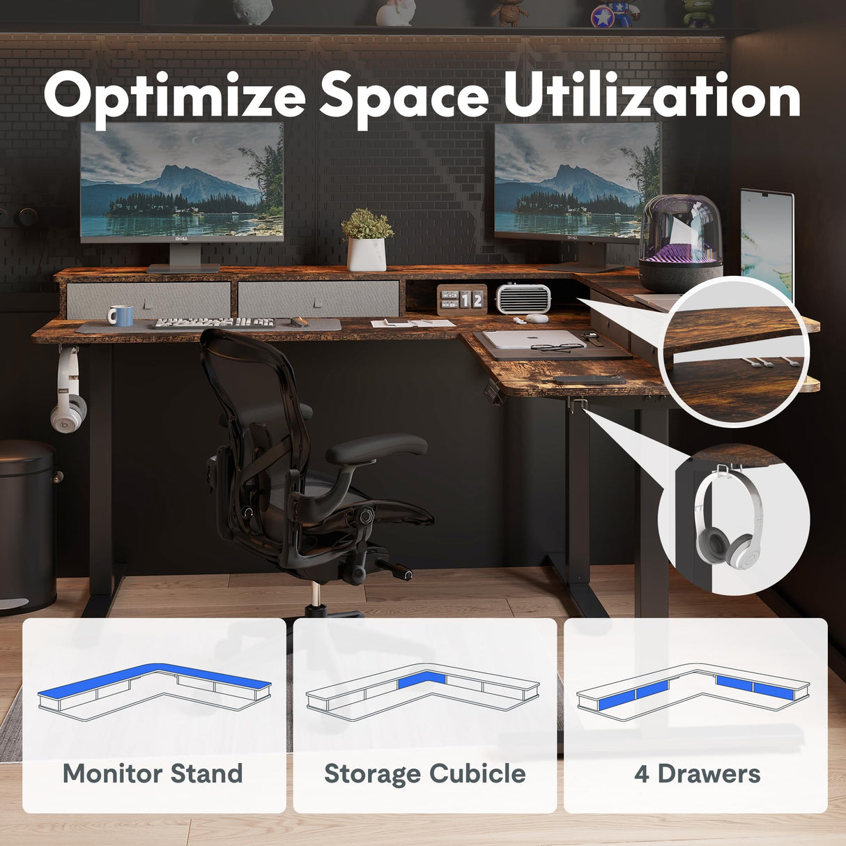 FLEXISPOT 63'' L Shaped Standing Desk Electric Corner Table with Shelf, 4 Storage Drawers, Adjustable Computer Workstation for Home, Office, Game, Studio, USB Charger, Rustic Brown Top + Black Frame FLEXISPOT