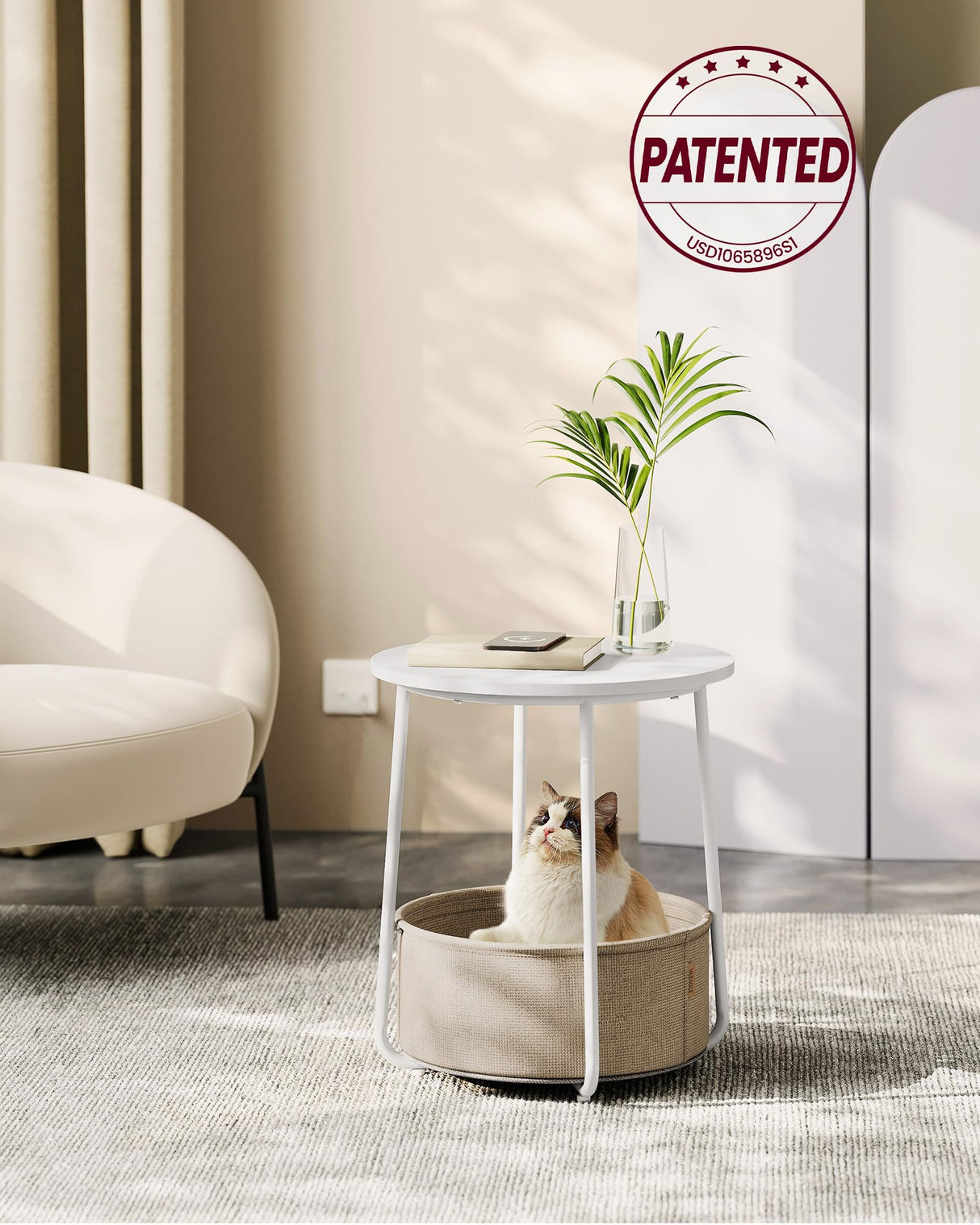 VASAGLE Nightstands, Set of 2 Small Round Side Tables with Fabric Basket, Bedside End Tables, for Bedroom, Matte White and Camel Brown ULCT665W01 VASAGLE