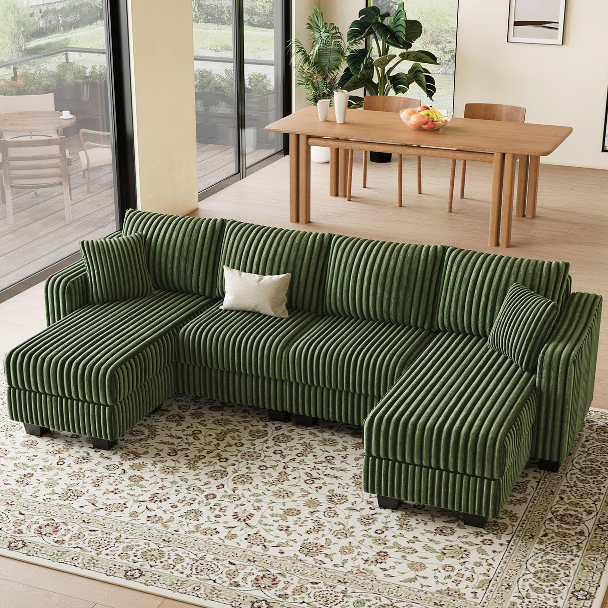 Belffin U Shaped Couch with Reversible Chaises Sectional Couches for Living Room Sectional Couch with Ottomans Corduroy (Green, U Shaped) Belffin