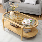 RUSTOWN Rattan Coffee Tables,2-Tier Oval Boho Cocktail Tables, Mid Century Modern Coffee Table with Rattan & Tempered Glass Top and Wood Legs, Sofa Table for Living Room(Natural) RUSTOWN