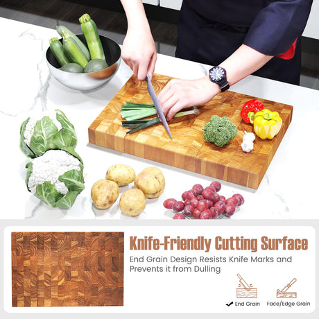 Giantex Teak Wood Cutting Board, 2" Thick End Grain Chopping Block with Hand Grip, 18"x12" Large Reversible Butcher Block, Pre-Conditioned With Natural Waxes & Oils, Carving Board for for Meat Cheese Giantex