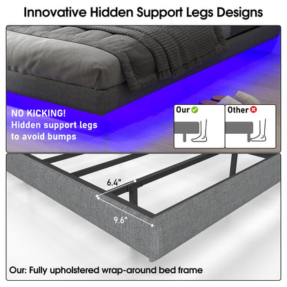 Anhave 10.6" High King Floating Bed Frame with LED Lights & Heavy-Duty Support - WoodArtSupply