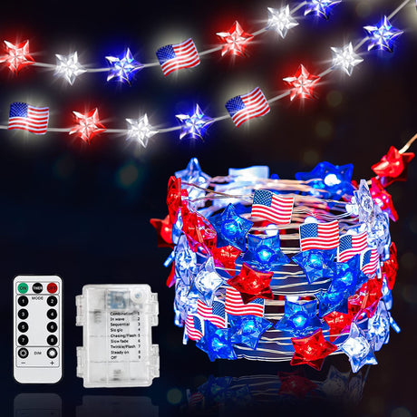 4th of July Decorations Lights, 13FT 40LED Lights Battery Operated Remote Timer USA Flag Fairy Light for Indoor Home Independence Day Memorial Day Fourth of July Couah