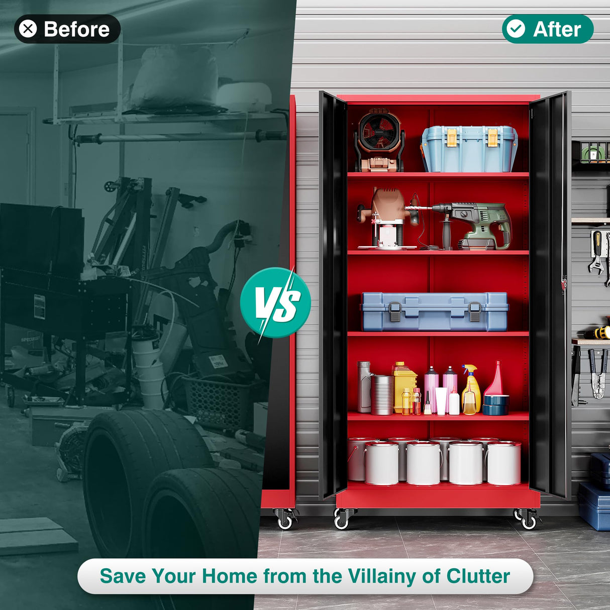 SISESOL Metal Storage Cabinet with Wheels,Rolling Garage Storage Cabinet with Lock,Red Metal Cabinet on Wheels,Tall Tool Storage Cabinet on Wheels for Garage,Home,Office,Shop SISESOL