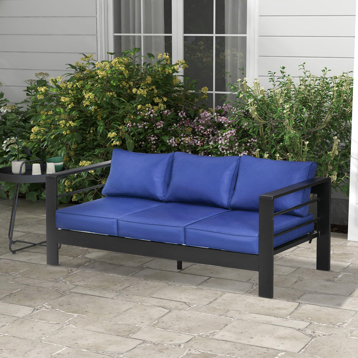 Outsunny 69" Modern Patio Furniture with Thick Padded Cushions, 3 Seater Aluminum Outdoor Sofa with Wide Armrests, Garden Seating Conversation Furniture with Back Cushions, Navy Blue Outsunny