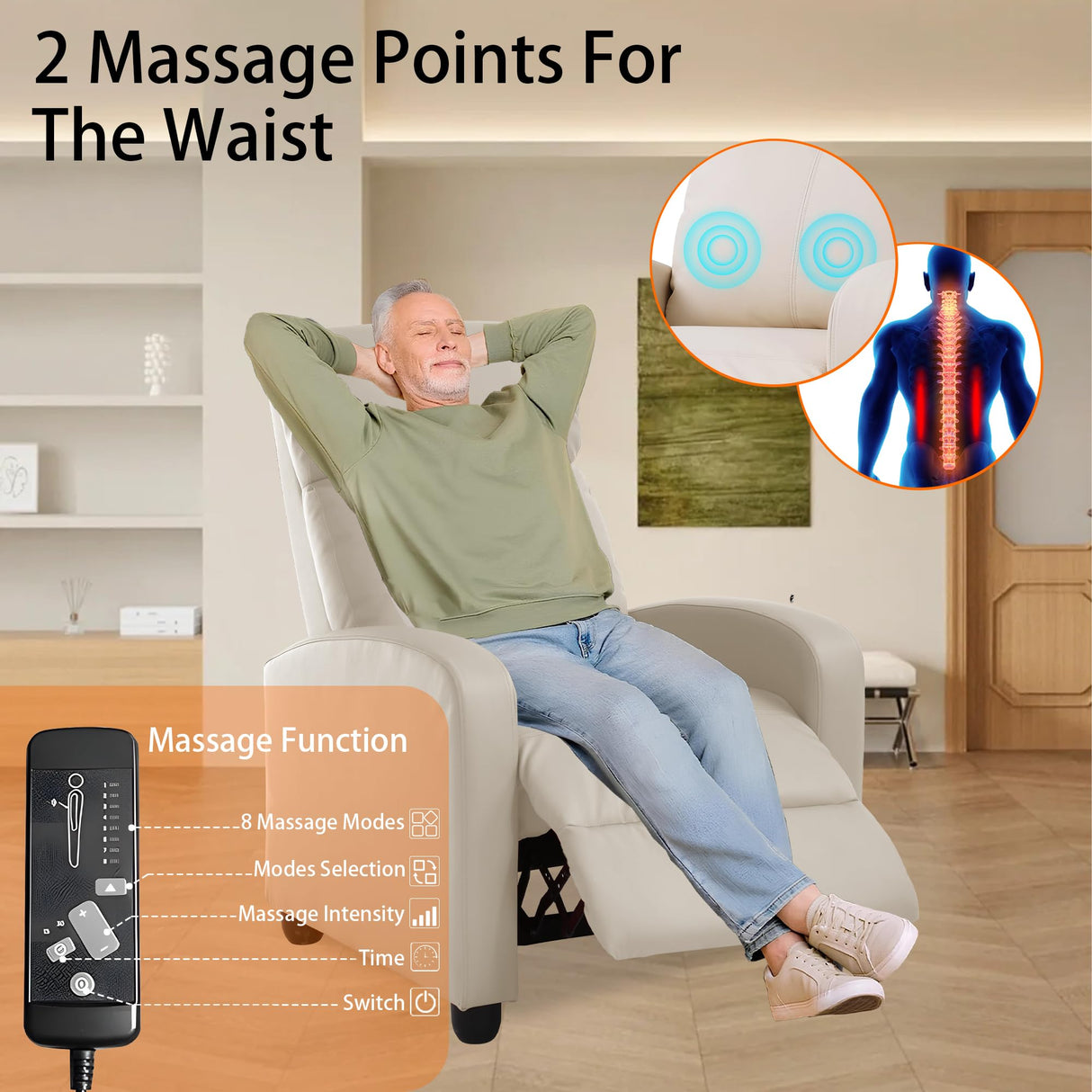 MKDLUFEI Adult Recliner Chair PU Leather Massage Recliner Sofa with Lumbar Support, Push Back, Armrests, Footrest, Adjustable Home Theater Seating for Living Room Home Theater (Black) (Beige) MKDLUFEI