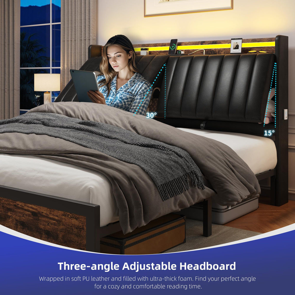 Queen Size Bed Frame with Adjustable Backrest Hidden Storage Headboard, PU Leather Upholstered Queen Bed Frame with Charging Station and LED Lights, Heavy Duty, No Box Spring Needed, Black&Brown Jocoevol