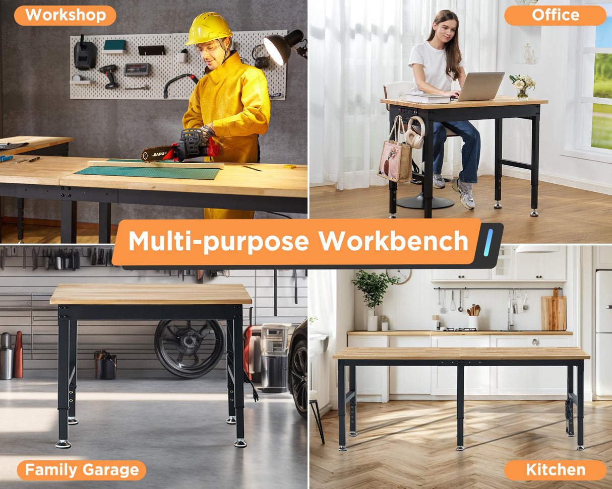 Albott 96x24 Adjustable Workbench, 28.7-38.6" Height, Rubber Wood Top, Heavy-Duty Design with Power Outlets & Hooks, 5000 LB Capacity for Garage, Workshop, Home, or Office Albott