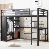 Bellemave Queen Loft Bed with Desk & Wardrobe, Heavy Duty Metal Loft Beds with Storage Shelves, Space Saving Loft Bed Queen Size with Safety Guard, Black Bellemave