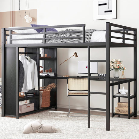 Bellemave Queen Loft Bed with Desk & Wardrobe, Heavy Duty Metal Loft Beds with Storage Shelves, Space Saving Loft Bed Queen Size with Safety Guard, Black Bellemave