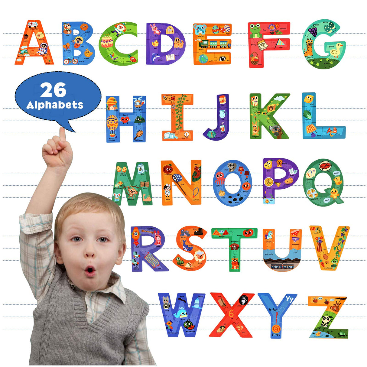 SYNARRY Wooden Alphabet Puzzles for Kids Ages 3-5, ABC Learning for Toddlers Ages 3+, Sight Words Letter Puzzles Montessori Toys Educational STEM for Preschool Boys Girls Kids Gifts SYNARRY