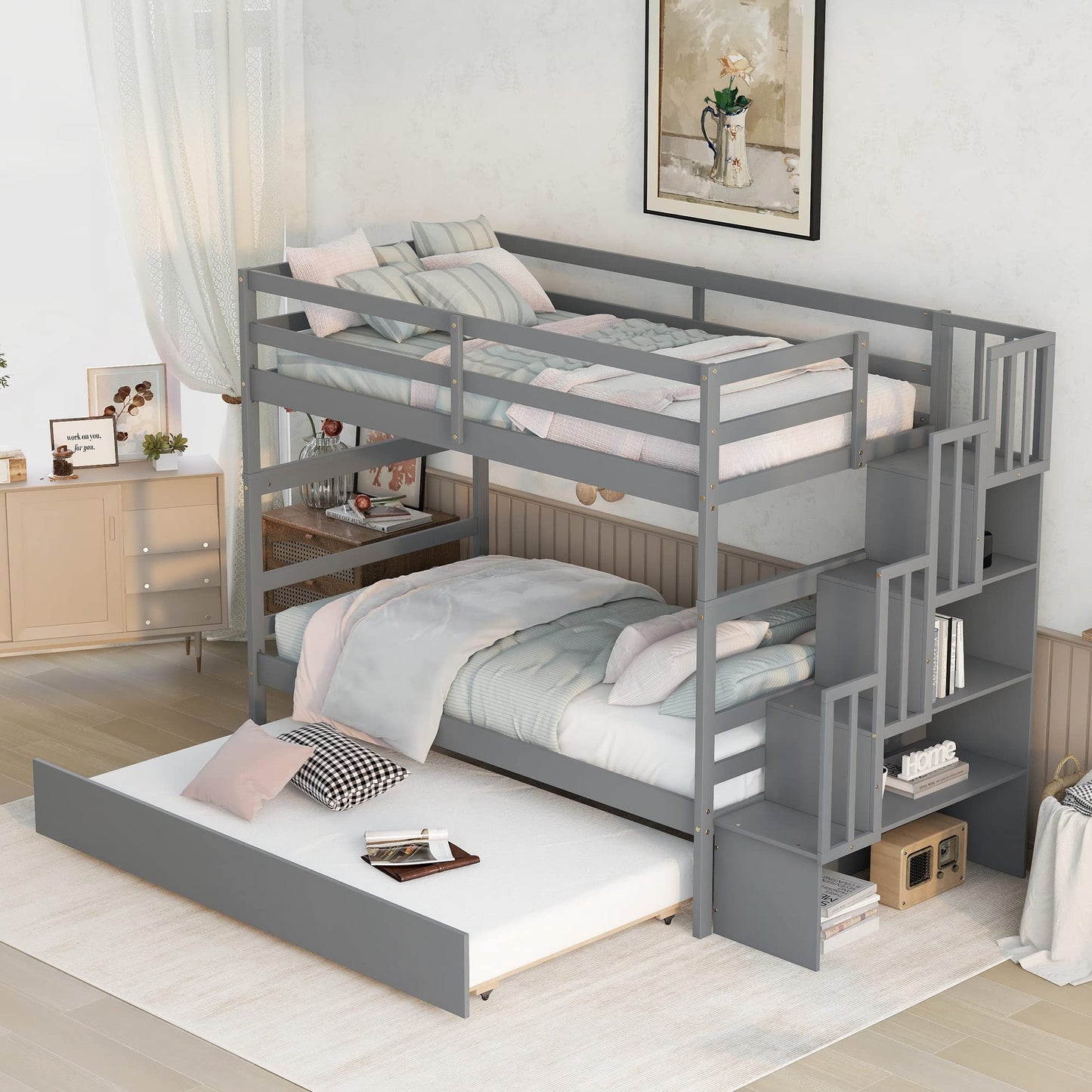 Harper & Bright Designs Twin Over Twin Bunk Bed with Trundle and Storage Shelf, Solid Wood Bunk Bed with Staircase for Kids,Toddler,Teens,Adults No Box Spring Needed (Grey, Twin/Twin)