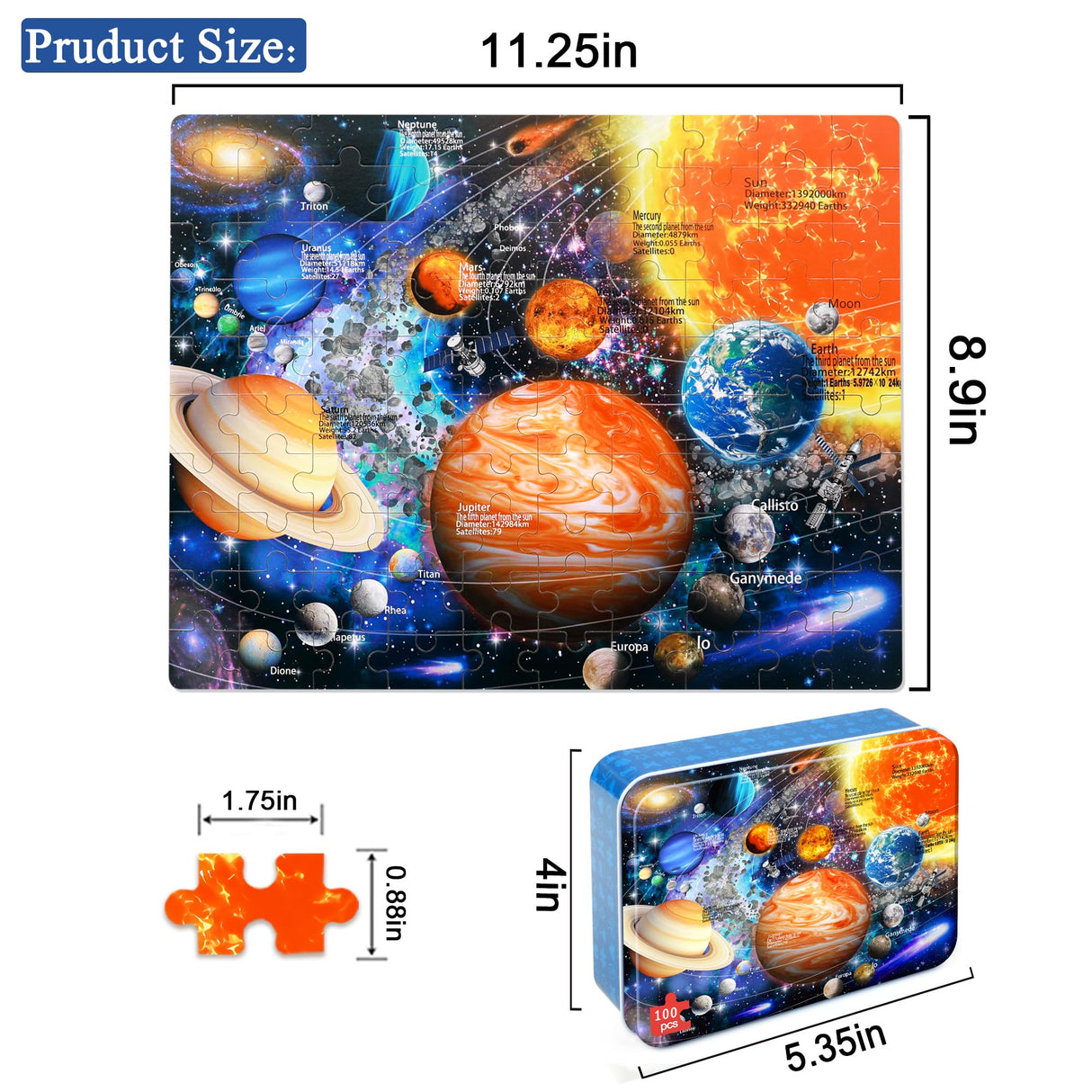 LELEMON Solar System Jigsaw Puzzles in a Metal Box 100 Pieces Space Star Jigsaw Puzzle for Kids Ages 4-8 Children Learning Educational Puzzles Toys LELEMON