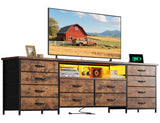 63" Long Dresser for Bedroom with 12 Fabric Drawers Entertainment Center with LED Lights & Power Outlets TV Stand for 70 Inch TV, Organizer for Bedroom, Rustic Brown Romorgniz