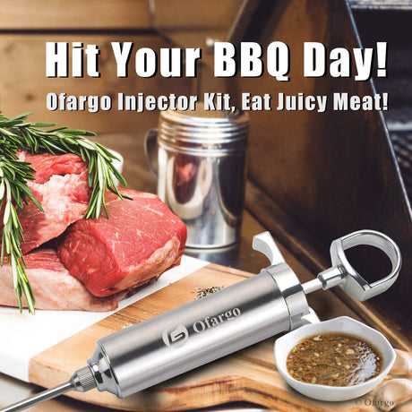 Ofargo 304-Stainless Steel Meat Injector Syringe Kit with 4 Marinade Needles for BBQ Grill Smoker, 2-oz Large Capacity, Both Paper User Manual and E-Book Recipe OFG