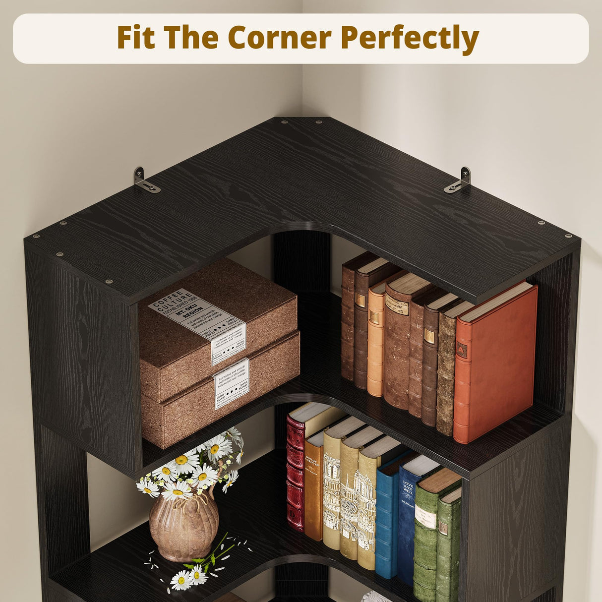 IRONCK Corner Bookshelf, 80.3" Tall Corner Bookcases with Anti-Drop Panel, Corner Shelf Storage Display Rack for Living Room Home Office, Black IRONCK