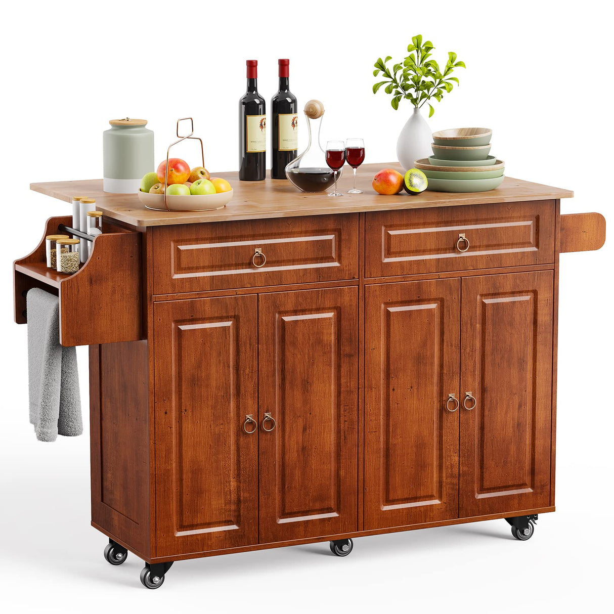 Qsun Kitchen Island with Drop Leaf and Storage, on Wheels Two Drawers, Large Storage Cabinet, Towel Rack Spice Cart Brown Qsun