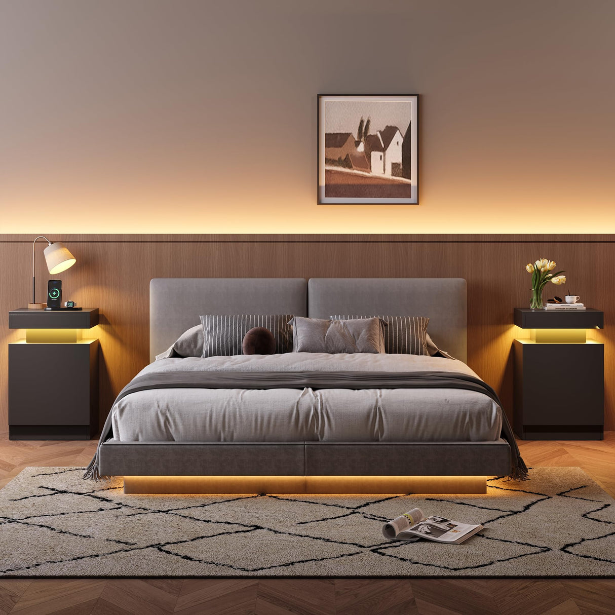 MXV Nightstand Set of 2 with LED Lights,Night Stand with Storage Cabinet for Bedroom,Bedside Table with LED (Black, 15" / Set of 2) MXV