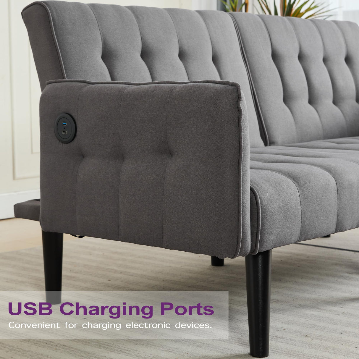 TYBOATLE 65“ Convertible Futon Sofa Bed w/ 2 USB, Upholstered Tufted Small Adjustable Folding Couch Loveseat, Modern Mid Century Sleeper Sofa for Living Room, Bedroom, Apartment, Office (Dark Grey) TYBOATLE