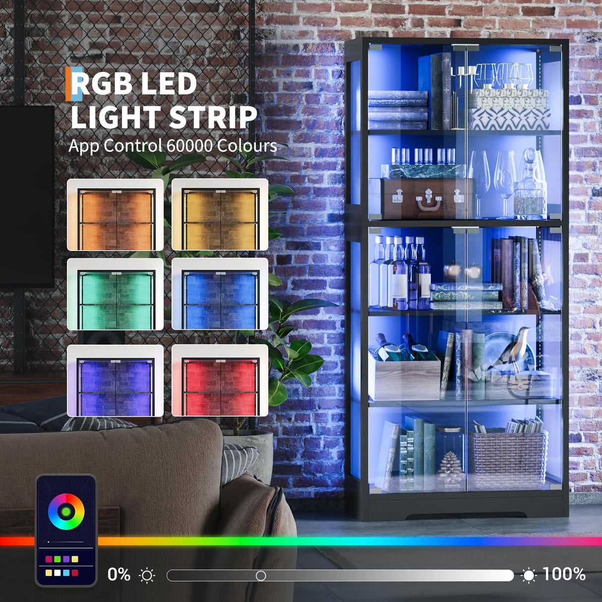 Glass Display Cabinet with Doors, 5 Tier Modern Curio Cabinet with RGB LED Lights, Tall Glass Showcase Storage Cabinet for Collectibles and Decor HarmoHaby