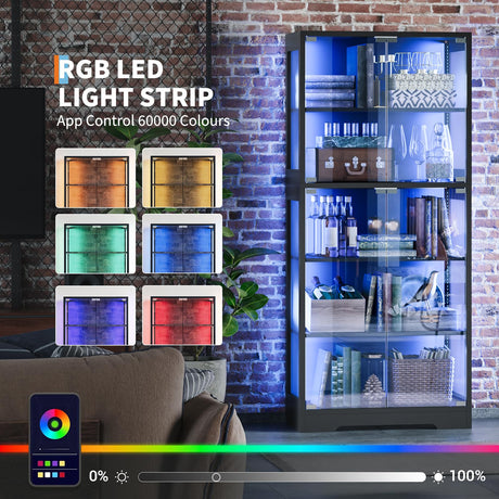 Glass Display Cabinet with Doors, 5 Tier Modern Curio Cabinet with RGB LED Lights, Tall Glass Showcase Storage Cabinet for Collectibles and Decor HarmoHaby