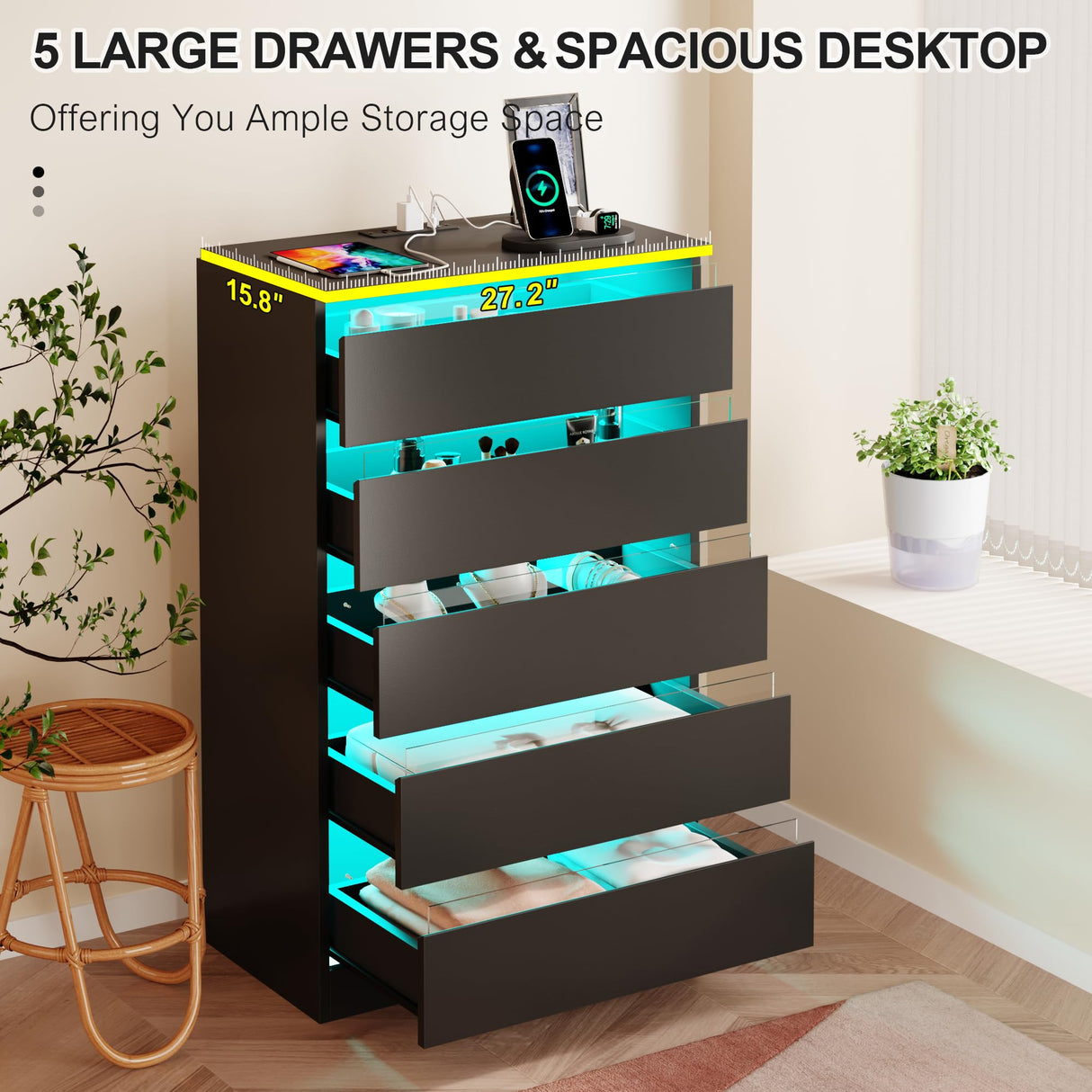 OTUTUMUS Black Dresser with Power Outlets & LED Lights, 5 Drawer Tall Black Dresser with Tempered Glass Panel, Chest of Drawers for Bedroom with Embedded Handle, 27.2" W x15.8 D x 43.5" H OTUTUMUS