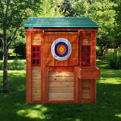 Outdoor Playhouse for Age 3-8 Years Boy Girl, Wooden Cottage Playhouse with 4 Game Awning Window, Ball Wall, Dart Throwing & Tetris. Play House for