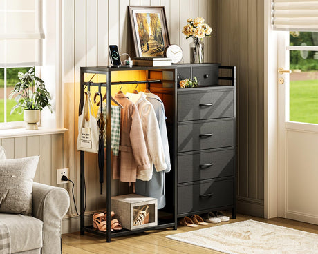 KKL Dresser for Bedroom with Clothes Hanging Rack, Reversible Bedroom Dresser with Shoe Rack & 6 Fabric Drawers, 3-in-1 Storage Chest of Drawers with Led Lights & Charging Station for Closet, Black KKL