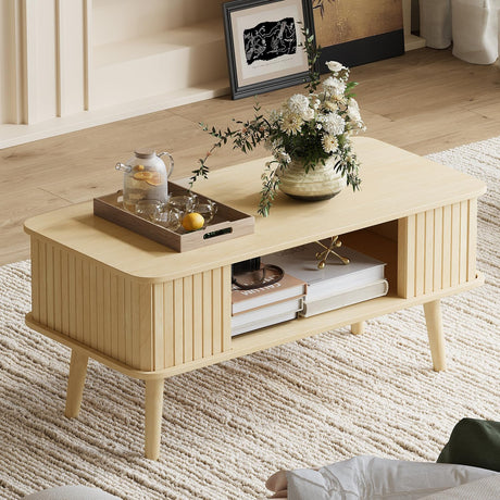 LAZZO Coffee Table with Storage Center Table for Living Room Rectangle Coffee Table with Rounded Edges,Easy Assembly, Natural Wood LAZZO