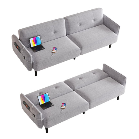 ONBRILL 83" Futon Sofa Bed, Convertible Sleeper Couch Bed with Storage Pocket, 3 Level Adjustable Backrest, Type-C Charging Port, Grey Sleeper Sofa Bed for Living Room, Apartment, Office, Guest Room ONBRILL