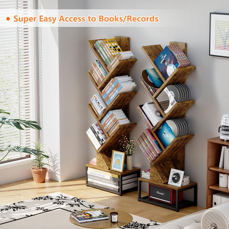 EasyCom Tree Bookshelf Metal Base, 7 Tier Bookcase Storage, Floor Standing Bookshelf Organizer for Movies/CDs/Books, Wood Book Storage Rack for Bedroom/Living Room/Home Office (Brown) EasyCom