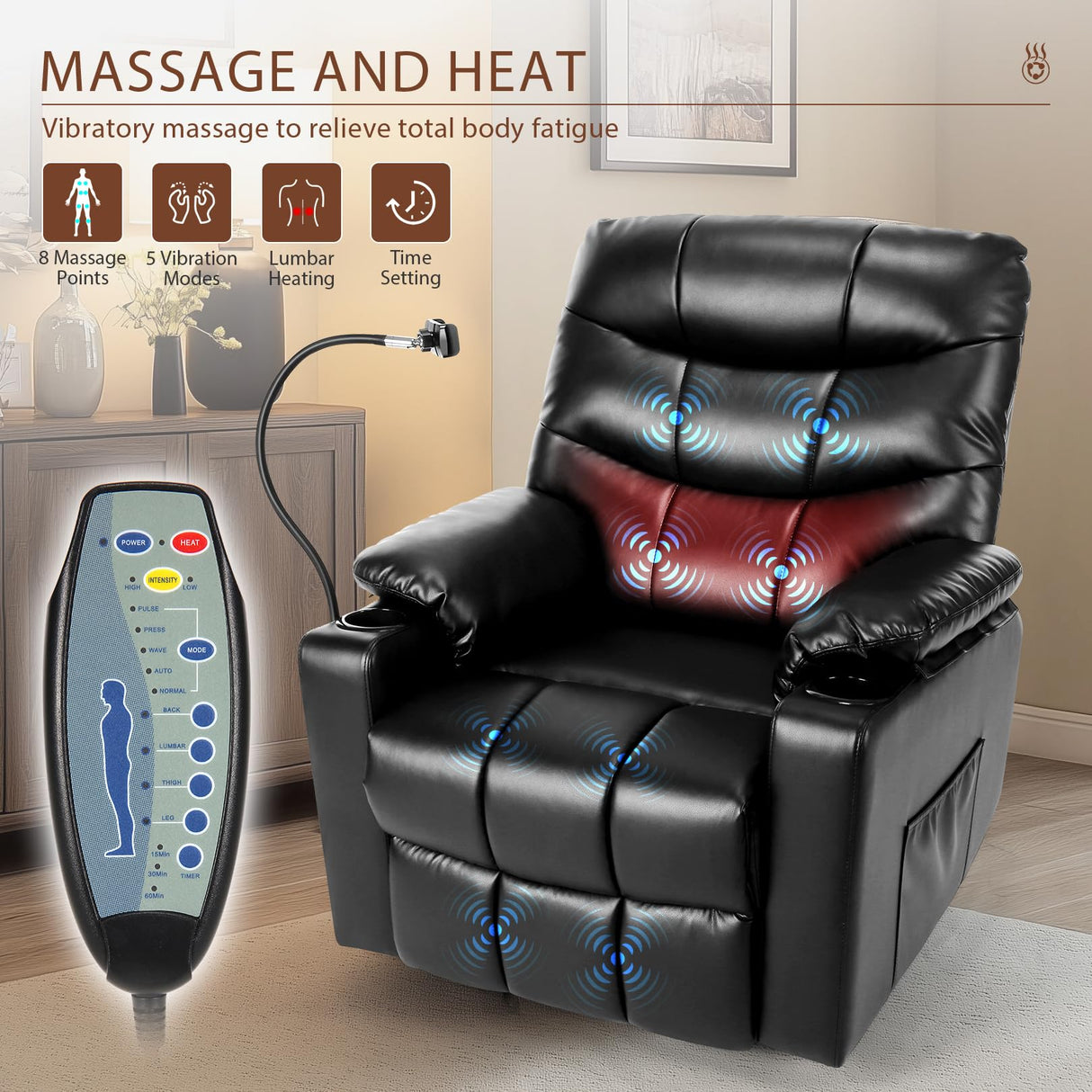 Himimi Power Lift Recliner Chair for Elderly, Adjustable Electric Recliner with 8-Point Vibration Massage, Lumbar Heating, Remote Control, Cup Holders, USB & Type-C Ports (Black) Himimi