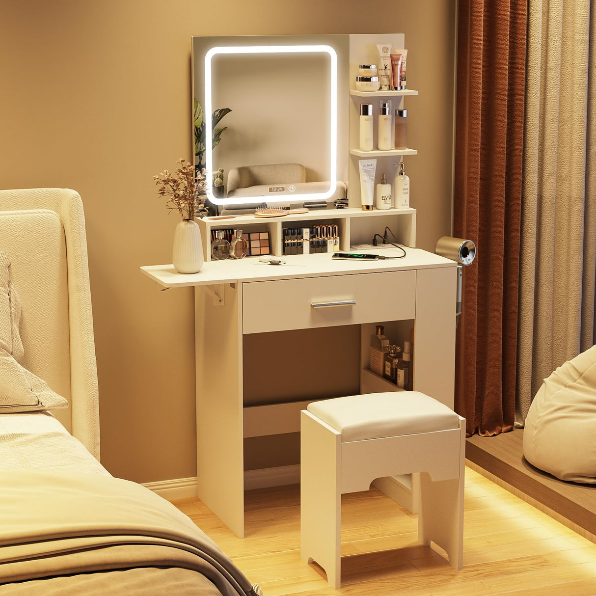 Fameill Vanity Desk with Mirror and Lights, Small Makeup Vanity with Drawer & Lots Storage Shelves, White Vanity Table with Charging Station & Time Display, Vanity Set with Chair, for Bedroom Fameill