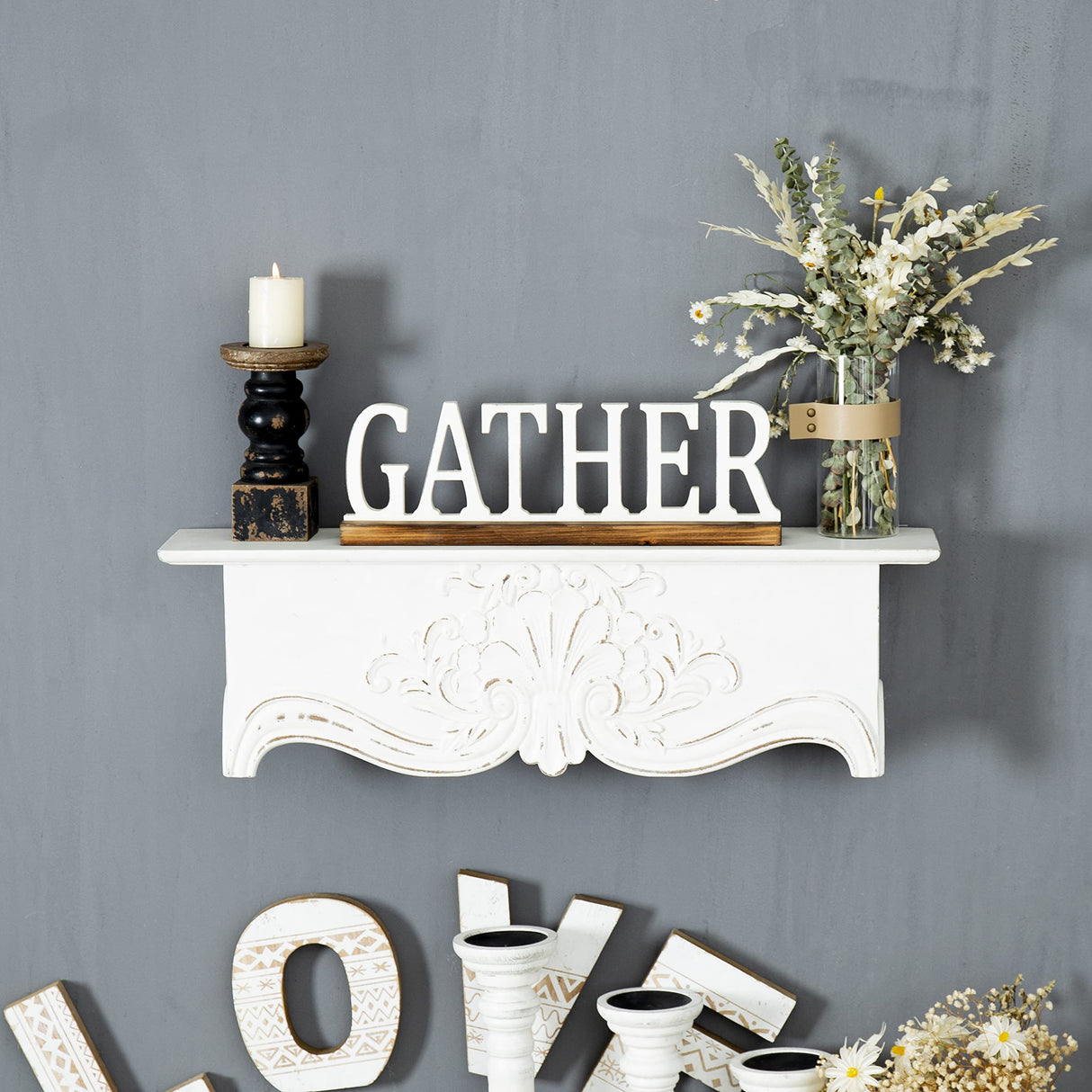 Sintosin Rustic Wooden Gather Signs for Home Decor 16", Tabletop White Distressed Home Decor Signs, Christmas Signs Farmhouse The Gathering Place Sign for Fireplace Shelf Living Room Kitchen Sintosin