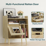 Semiocthome Record Player Stand with Vinyl Storage, Record Player Table with Storage Shelf, Turntable Stand with Rattan Cabinet Door, Side Table with Solid Wood Legs for Turntables for Living Room Semiocthome