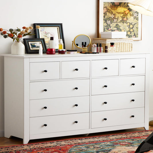 EnHomee White Dresser, Dresser for Bedroom with 10 Drawers Wood Dresser with Smooth Metal Rail, Large Dressers & Chests of Drawers Wide Dresser, White 52.2W*15.8" D*35.8" H