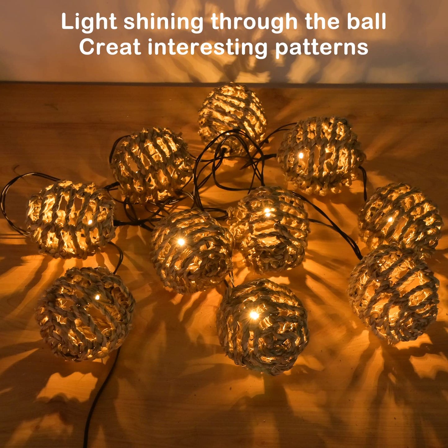 Livinlarge Solar String Lights Outdoor Waterproof, 10 LED Natural Rattan Balls Solar Outdoor Lights, Warm White Solar Powered String Lights for Garden Patio Yard Porch Wedding Party Decor - WoodArtSupply