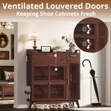 IRONCK Shoe Cabinet, Mid Century Shoe Storage with 2 Flip Drawers & Grille Doors Design, Shoe Rack Cabinet with Hooks and Side Cabinet, Shoe Organizer for Entryway, Natural Red Walnut IRONCK