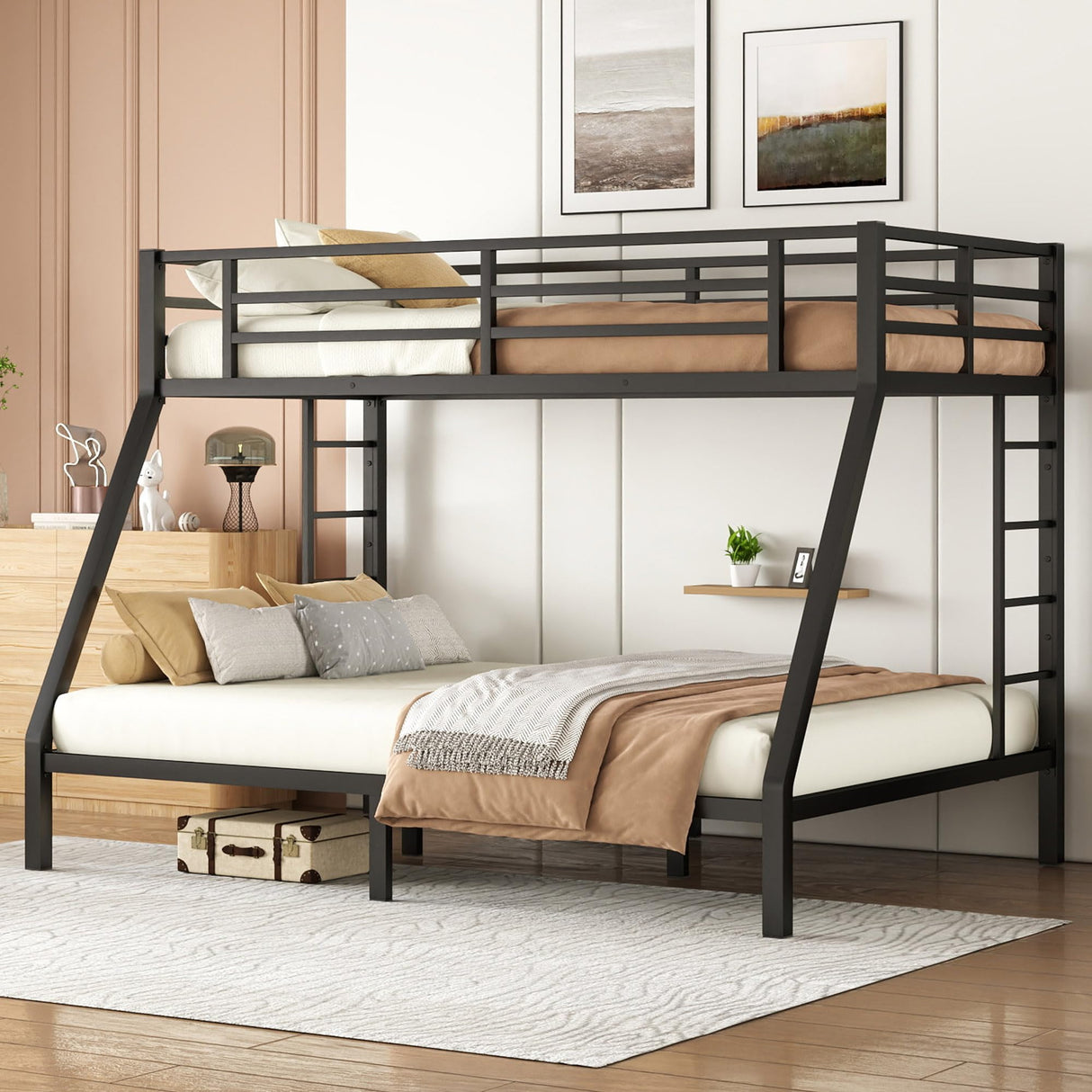 Bellemave Metal Bunk Bed Twin XL Over Queen with Ladder ＆ Full-Length Guardrails, Heavy Duty Bunk Bed Frame with Sturdy Slats, Twin XL Over Queen Bunk Beds, Noise Free, No Box Spring Needed, Black Bellemave